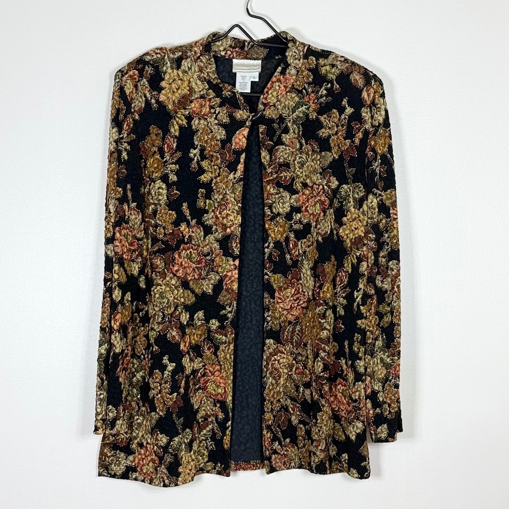Coldwater Creek Womens Jacket Large Black Floral Tapestry Toggle Vintage Boho